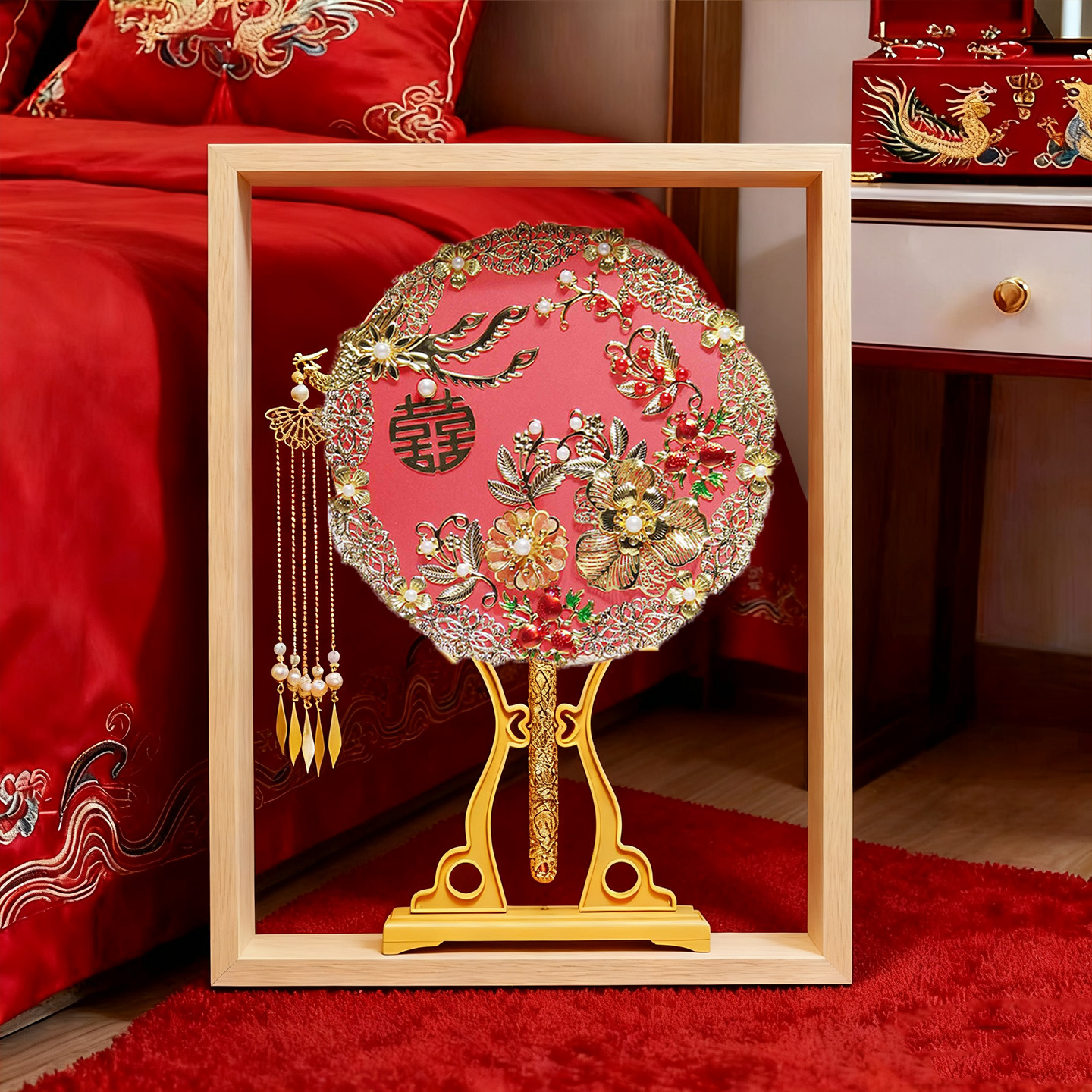 中式双面团扇桌面摆件