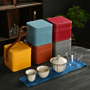 汝窑德化陶瓷便捷式 商务功夫茶盖碗杯子伴手礼 手抓壶旅行茶具套装