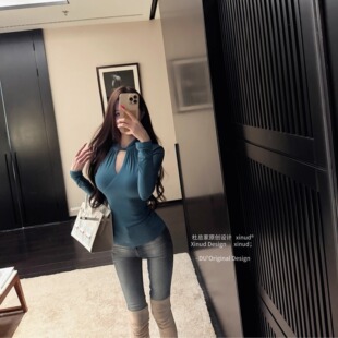 百搭针织美女上衣秋冬 原创镂空黄色蓝绿色修身 杜总家 古早明媚感