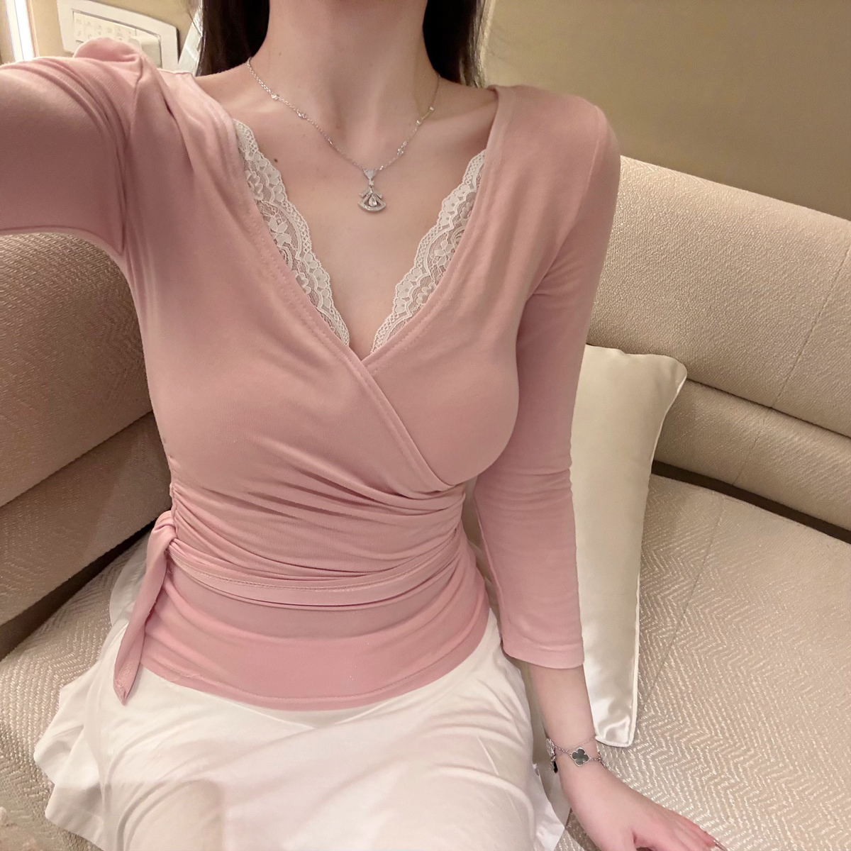 杜总家  舞蹈老师のDay*原创纯欲娇嫩绑带上衣修身蕾丝边女瑜伽服