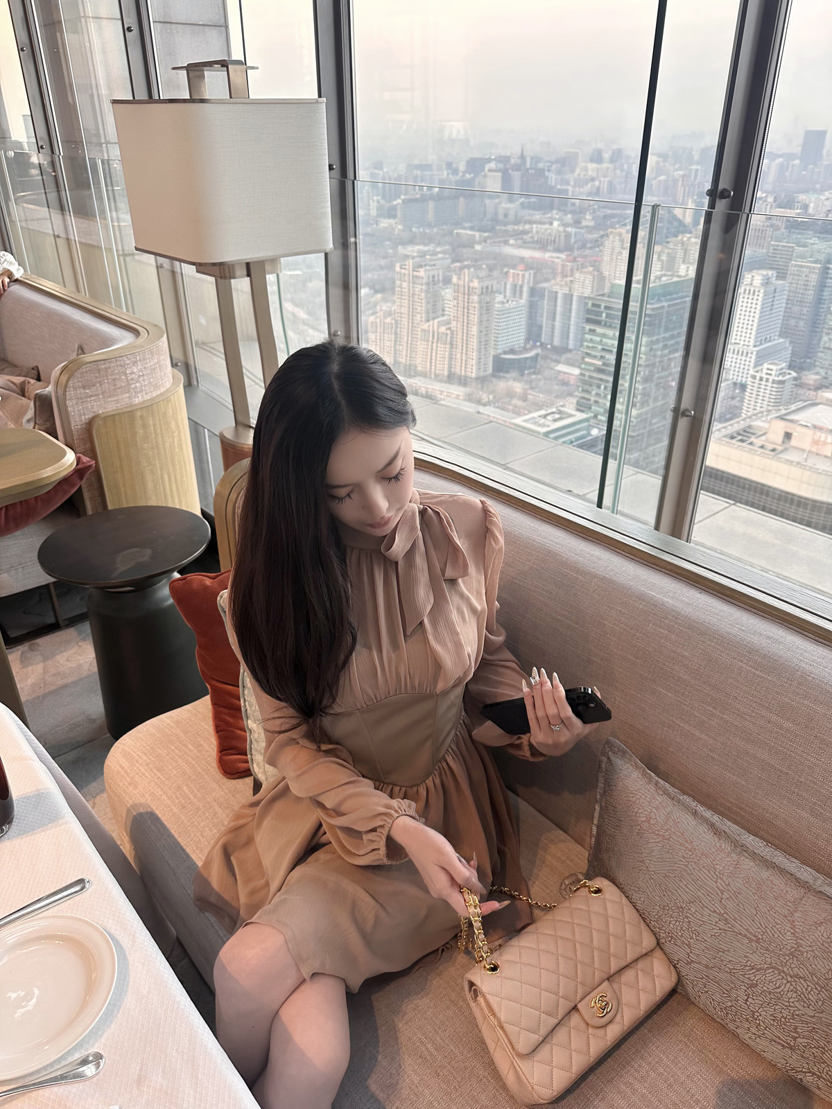 原创法式雪纺鱼骨长袖连衣裙