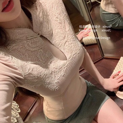 杜总家 矜贵东方美*原创新中式盘扣镂空蕾丝气质性感秋冬女上衣
