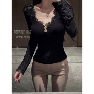 时髦百搭舒适女上衣 原创蕾丝拼接V领简约长袖 杜总家 暗香维也纳