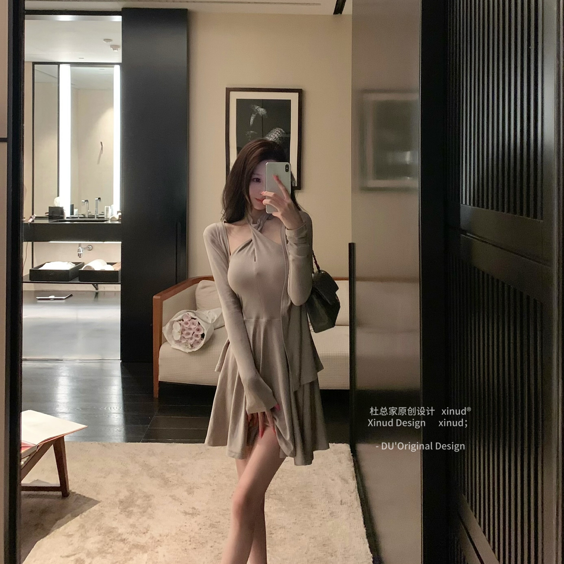 杜总家 江南允素感*韩系甜美领口扭结设计气质收腰显瘦套装连衣裙