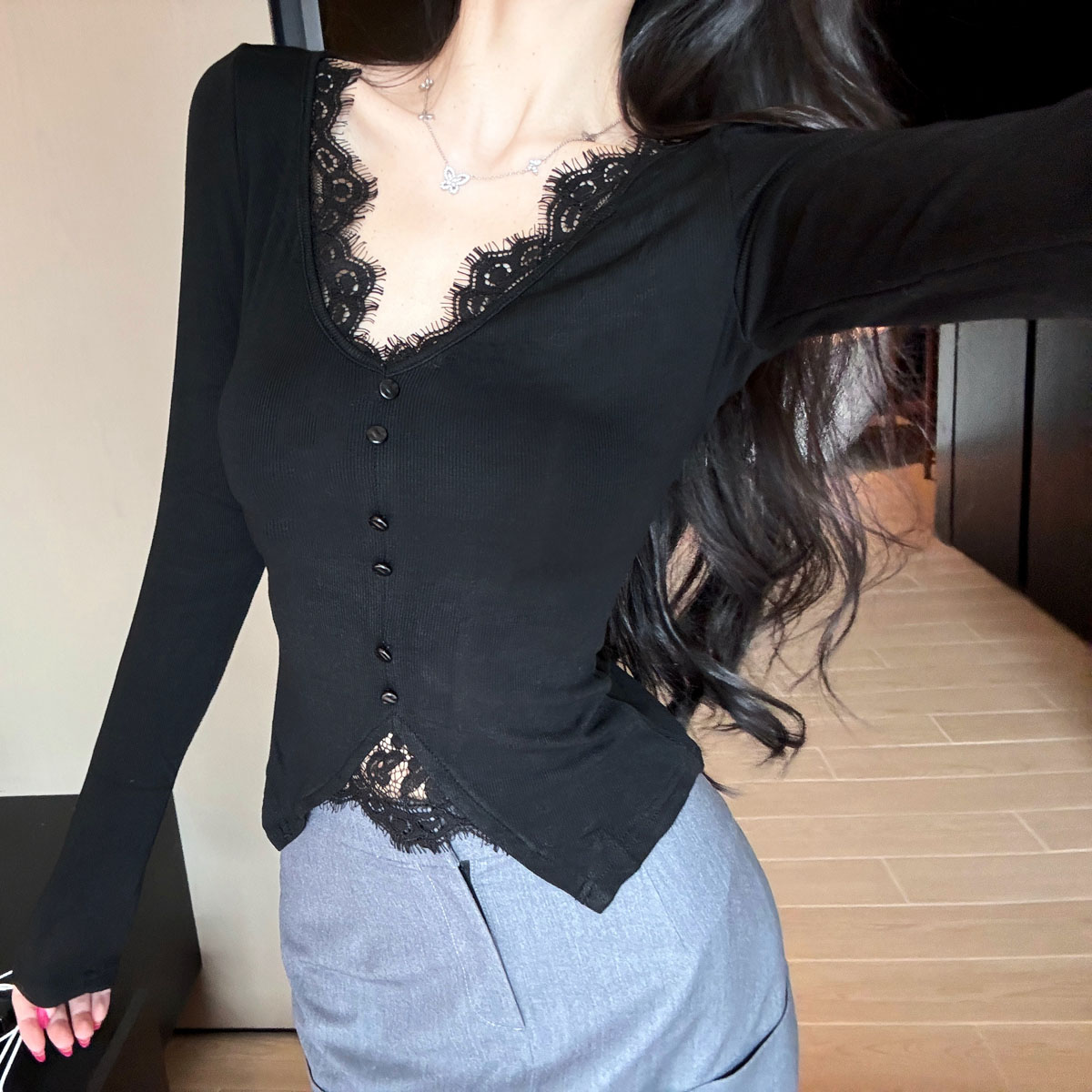 杜总家 冷艳品味*原创性感小众蕾丝拼接针织开衫秋修身显瘦上衣