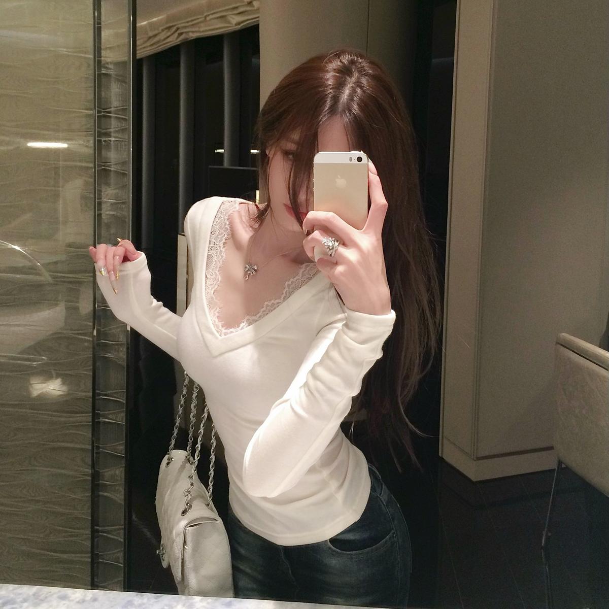 杜总家 温柔展示大法*原创百搭修身蕾丝花边V领显瘦气质上衣内搭