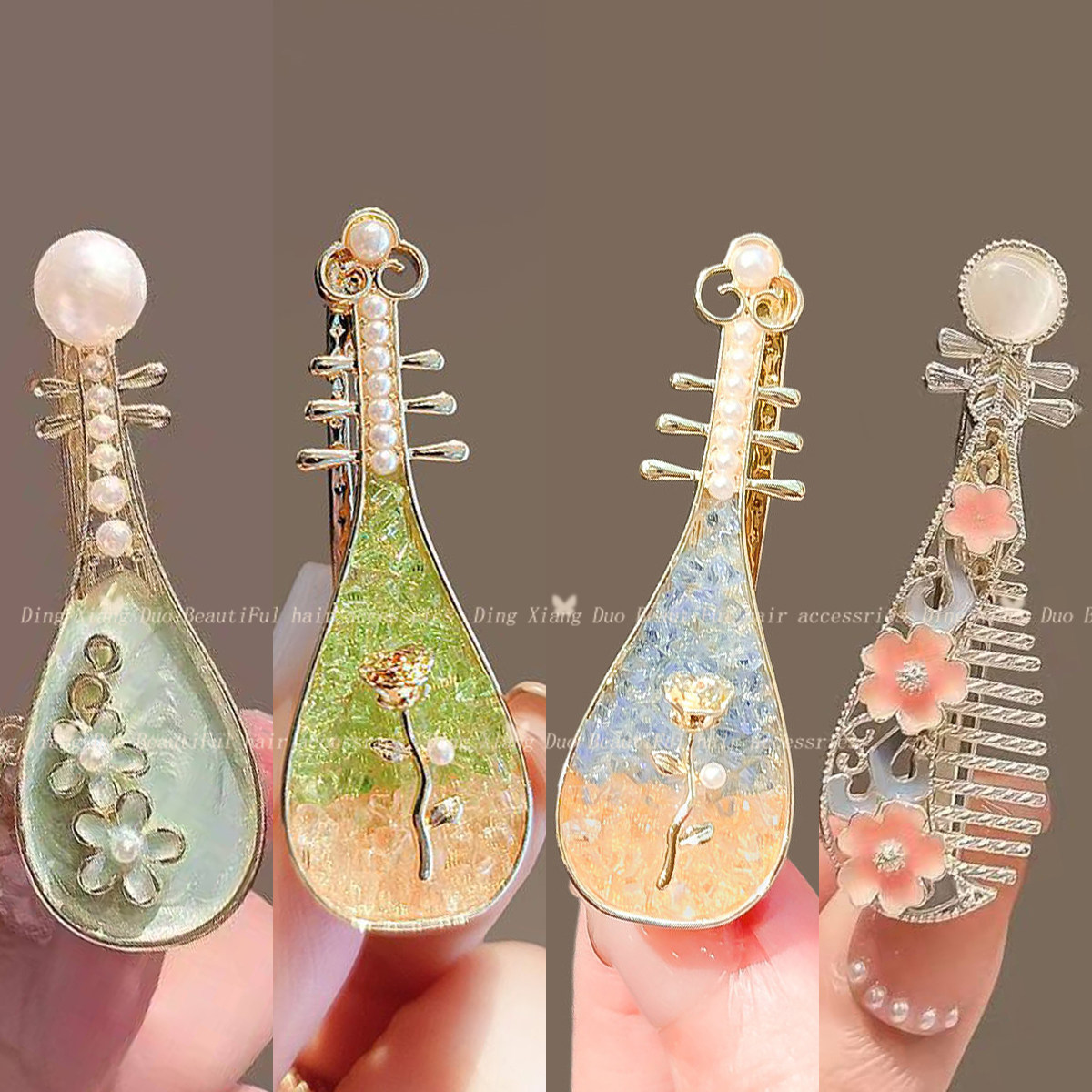 儿童国风玫瑰花琵琶发夹女童侧边刘海碎发鸭嘴夹女孩古风发卡头饰图片
