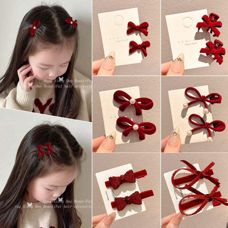 儿童新年红色蝴蝶结发夹女童秋冬高级感女孩侧边刘海碎发夹子头饰