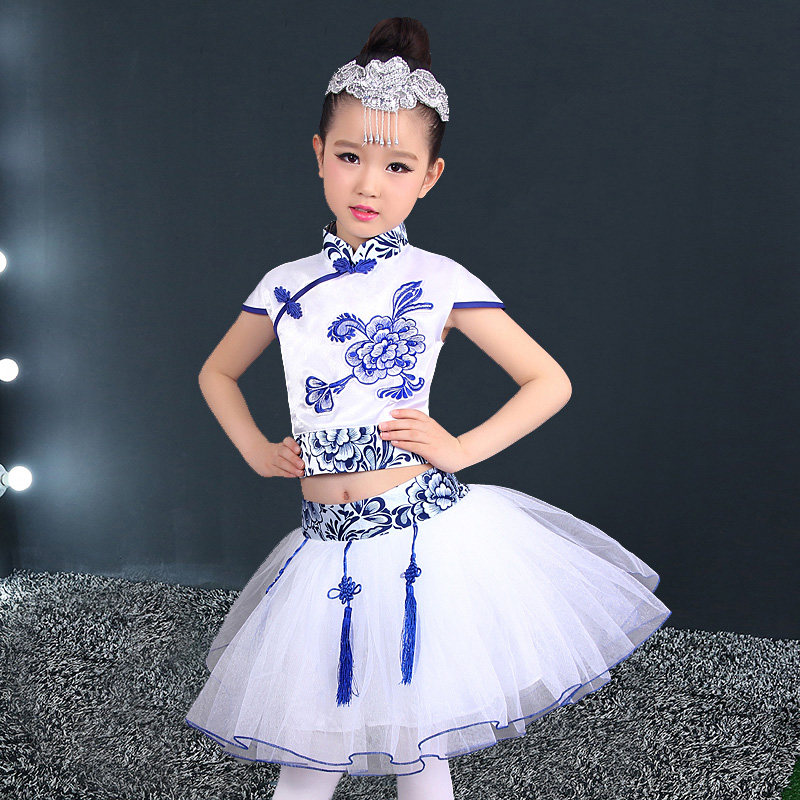 六一儿童青花瓷演出服合唱女童古琴新中式古筝表演服中国风蓬蓬裙