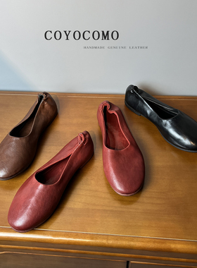 手工~水洗马皮~红色芭蕾舞鞋女2026春新款咖色平底复古单鞋奶奶鞋