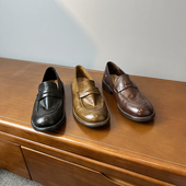 懒人单鞋 真皮组合底 女款 平底复古小皮鞋 全马皮 棕色一脚蹬乐福鞋