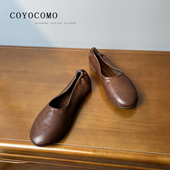 奶奶鞋 高阶 女2026春新款 复古文艺单鞋 水洗马皮 咖色芭蕾舞平底鞋