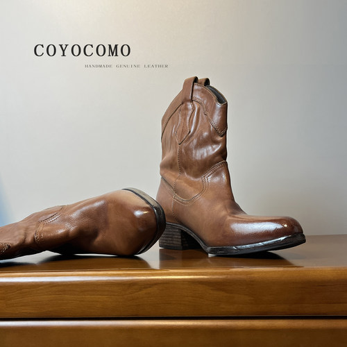 棕色复古马丁靴秋款西部靴牛仔靴