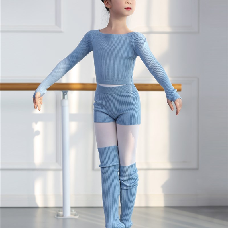 新选蓝色舞蹈外o套毛衣外搭一字领芭蕾舞练功服女童秋冬跳舞