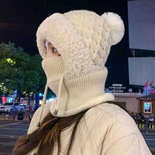 针织帽女冬季加绒加厚防寒帽子围脖口罩一体保暖套头帽骑行帽子男