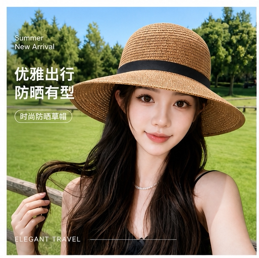 可折叠草帽女款遮阳帽海边户外草编渔夫帽子防晒太阳大帽檐夏季