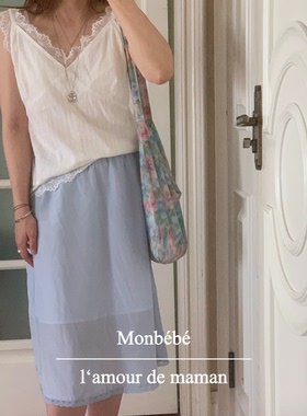 monbebe韩国进口baby蓝真丝棉面料蕾丝边一步裙直筒显瘦遮胯
