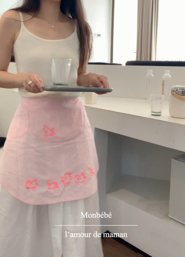 monbebe韩国进口刺绣小鸡粉色梦幻法式乡村可爱蝴蝶结厨房围裙