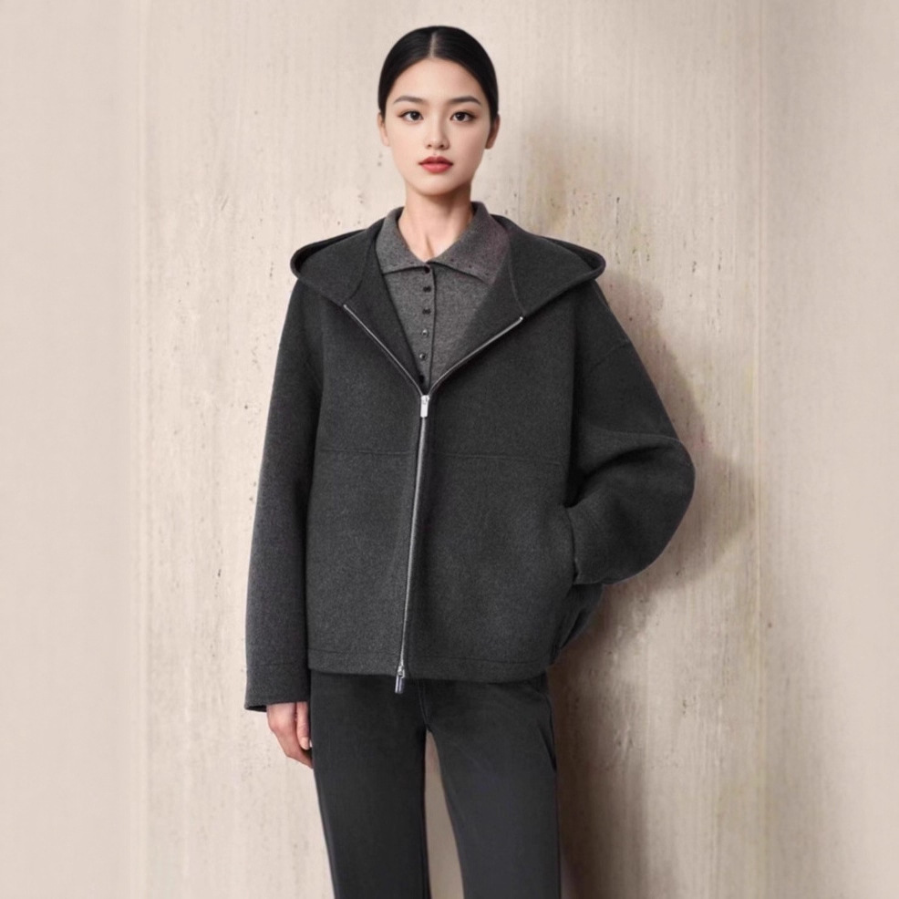 麦*商场同款2025冬季新品时尚气质休闲宽松连帽短款双面呢大衣