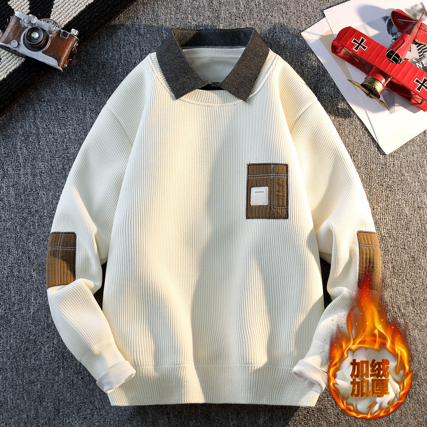 假两件衬衫毛衣男款秋冬季青少年高中学生加绒加厚带领针织打底衫