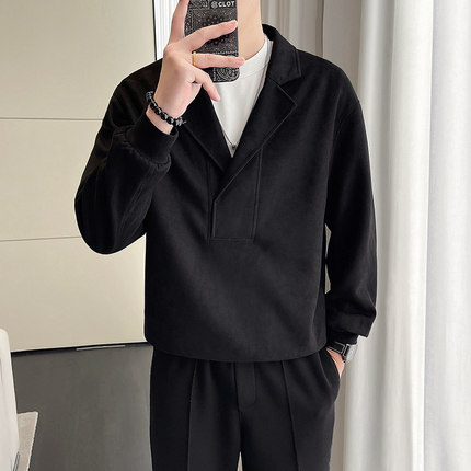 麂皮绒外套男士秋季2025年新款潮牌男装高级感痞帅西装领卫衣男款