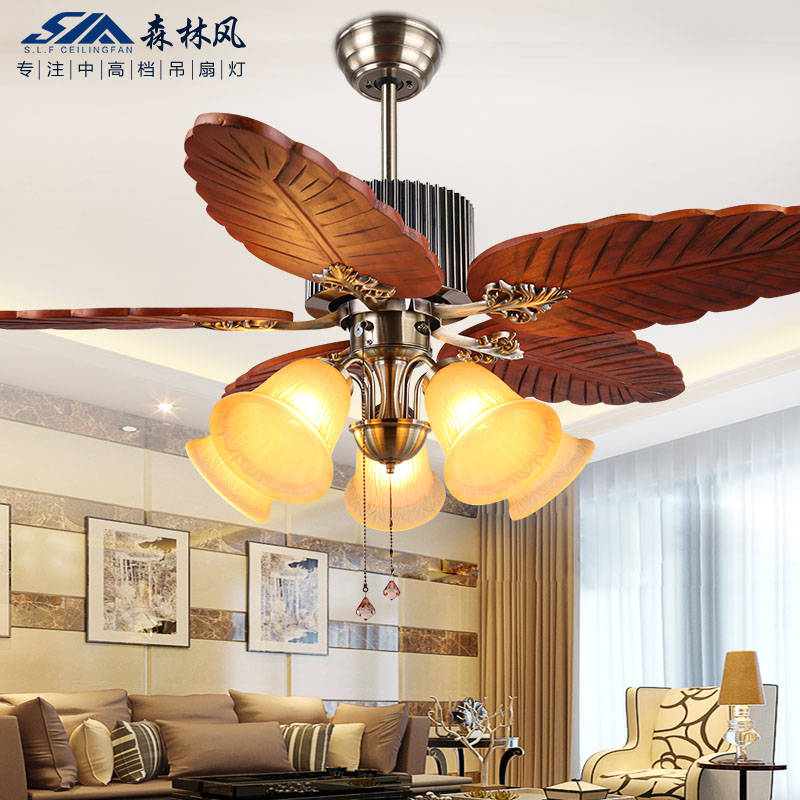 森林风风扇灯东南亚餐厅吊扇灯 客厅灯复古实木手工雕刻叶饭厅灯