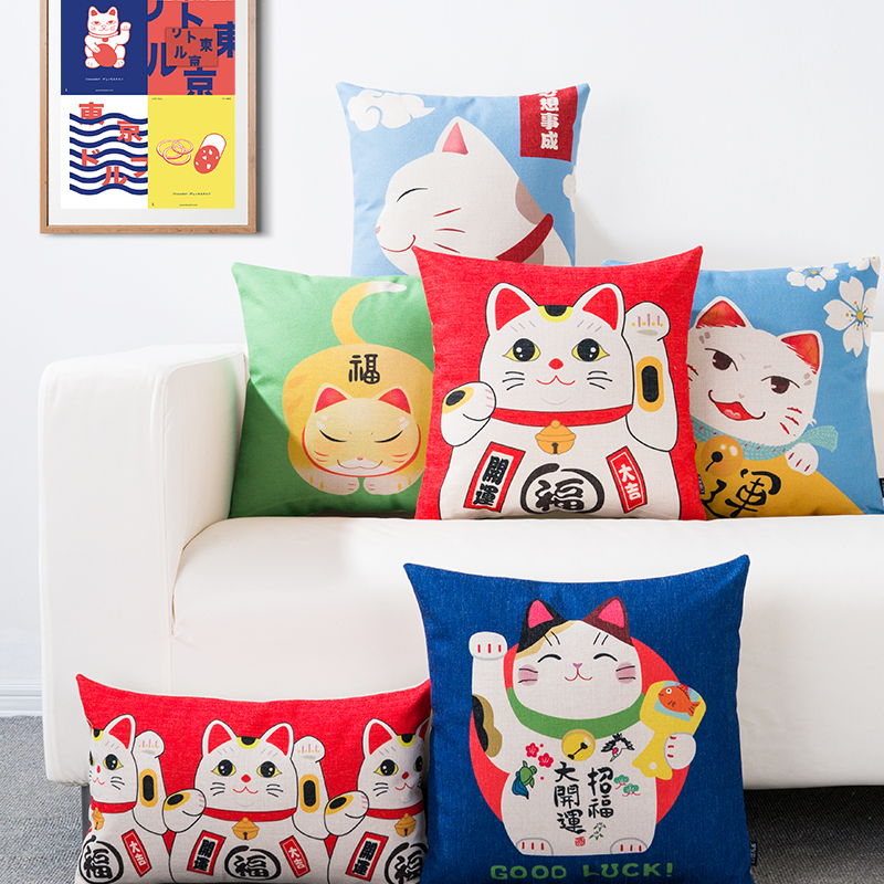 Fortune cat Japanese Cartoon Cotton and hemp Pillowcase sofa Cushion Office Lumbar pillow Bedside backrest automobile Cushionin the Home Fabric , Pillow/Pillow  category - from Buy2taobao.com to provide professional Taobao agent buy service