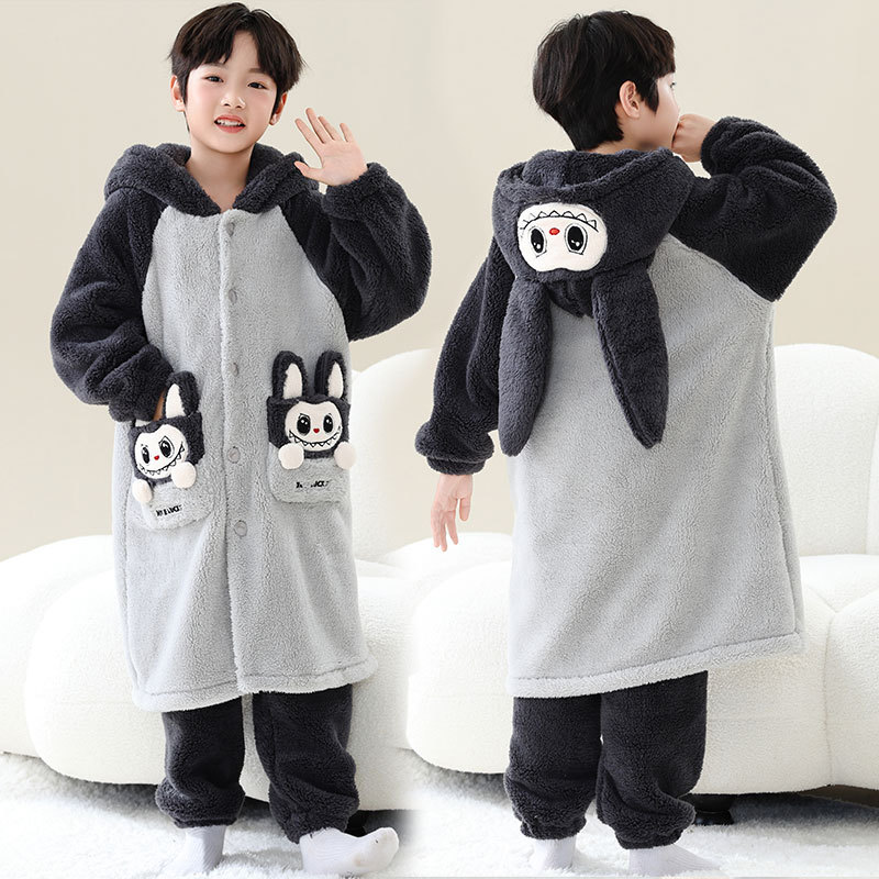 拉布布儿童法兰绒睡衣男童套装加厚冬装中大童加肥加胖珊瑚绒睡袍