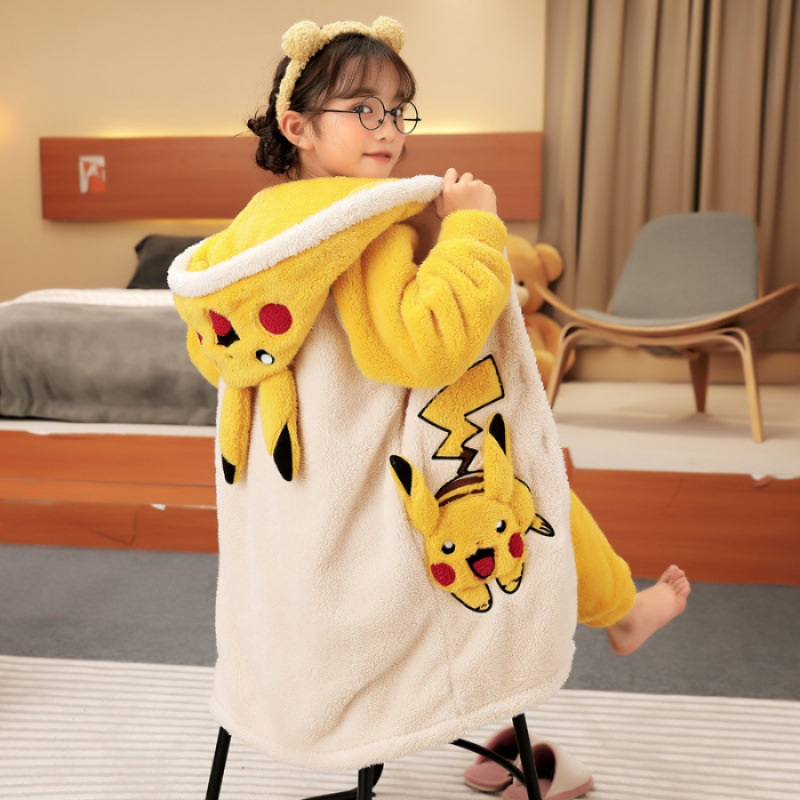 儿童睡衣女童睡袍冬款法兰绒加厚珊瑚绒2026新款冬季宝可梦皮卡丘