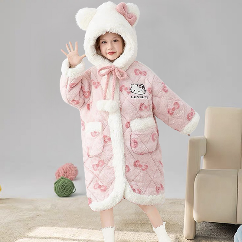 HelloKitty女童睡袍冬长款珊瑚绒儿童家居服三层夹棉连帽加厚棉服