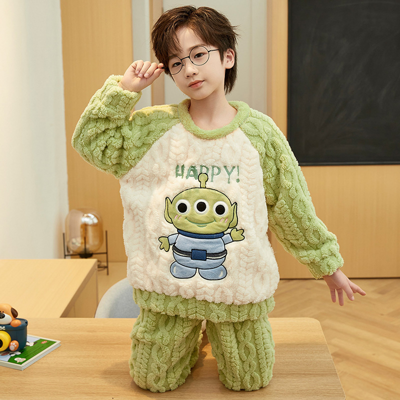 男童睡衣裤冬季加厚儿童珊瑚绒青少年法兰绒家居服保暖三眼仔图案