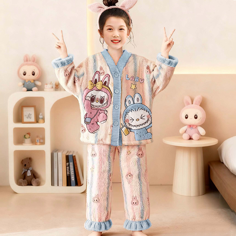 宝宝保暖开衫秋冬季加绒加厚儿童睡衣睡裤冬天小孩和服拉布布套装