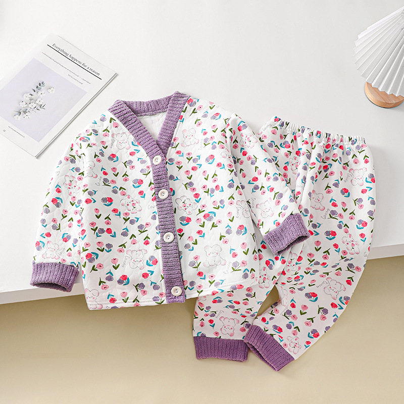 女童睡衣秋冬季2026加厚款三层夹棉空气棉加棉保暖胖女孩中大儿童