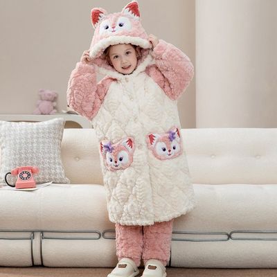 女童睡袍法兰绒睡衣女孩冬季玲娜贝儿睡衣儿童珊瑚绒三层夹棉冬天