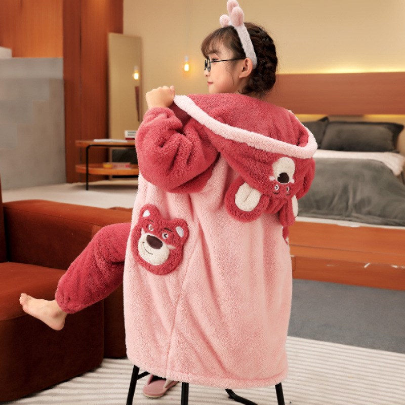 儿童睡衣睡裤女童冬季加绒加厚2026新款草莓熊女孩宝冬天长款浴袍