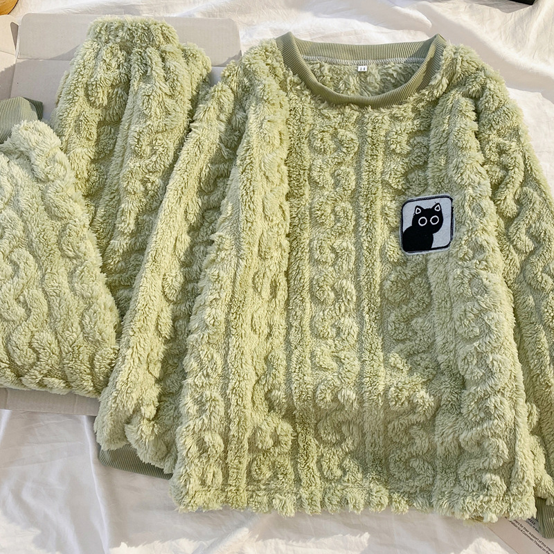 儿童长毛绒睡衣男女童加厚冬装中大童绿色纯色法兰绒珊瑚绒家居服