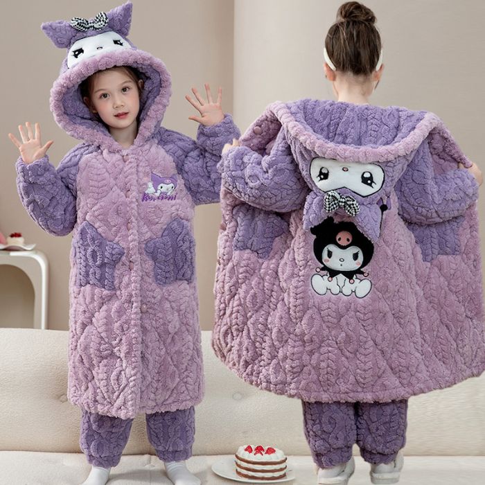 儿童库洛米睡衣女童珊瑚绒女孩加肥加胖冬季三层夹棉保暖加厚睡袍