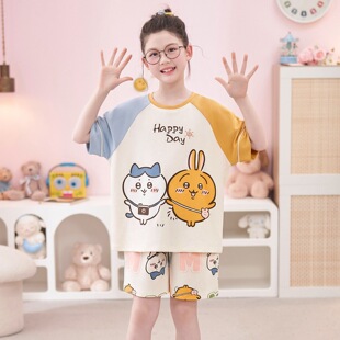 纯棉睡衣女大童夏短袖加大码chiikawa小孩子Usagi家居服Hachiware