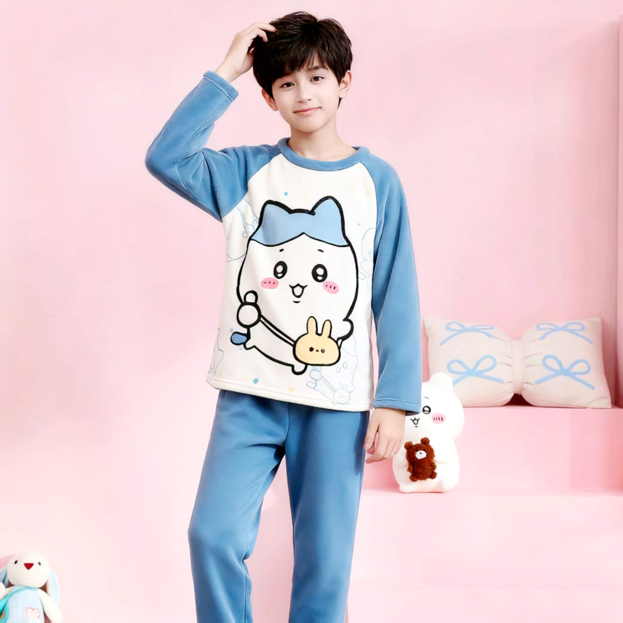 儿童男童秋冬季吉伊卡哇珊瑚绒薄绒款睡衣法兰绒小孩宝宝家居童装