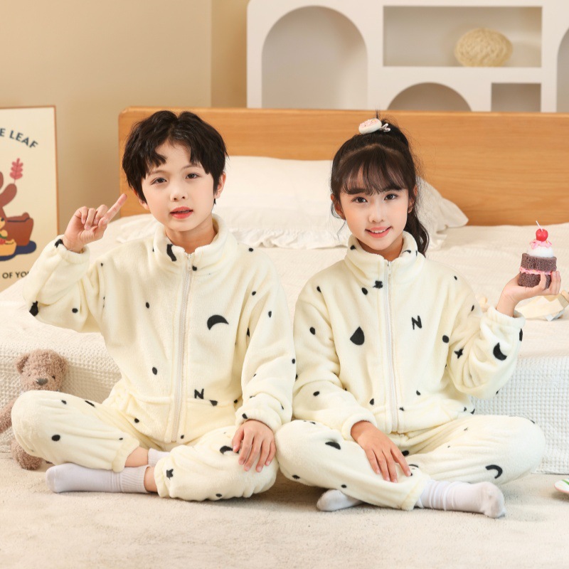 宝宝睡衣秋冬季加厚款男孩女孩儿童家居服兄妹装小孩法兰绒保暖衣