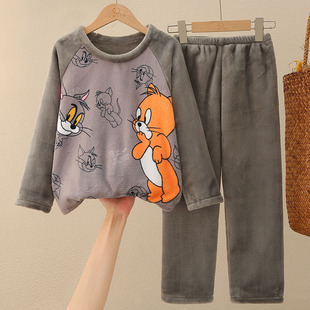 儿童薄绒睡衣男童加厚秋冬装男孩猫和老鼠汤姆猫杰瑞鼠家居服套装