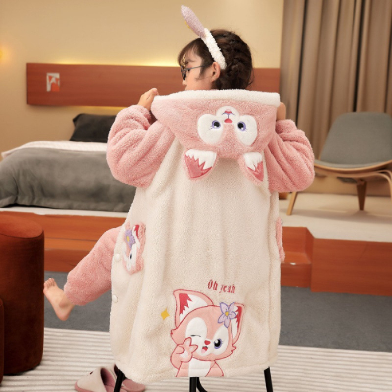 玲娜贝儿女童睡袍套装冬儿童长毛绒保暖睡衣睡裤小女孩宝加厚保暖