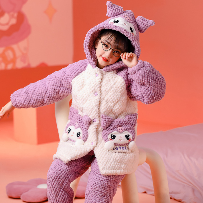 亲子装珊瑚绒睡衣女童加厚保暖冬季中大童三层夹棉库洛米的家居服