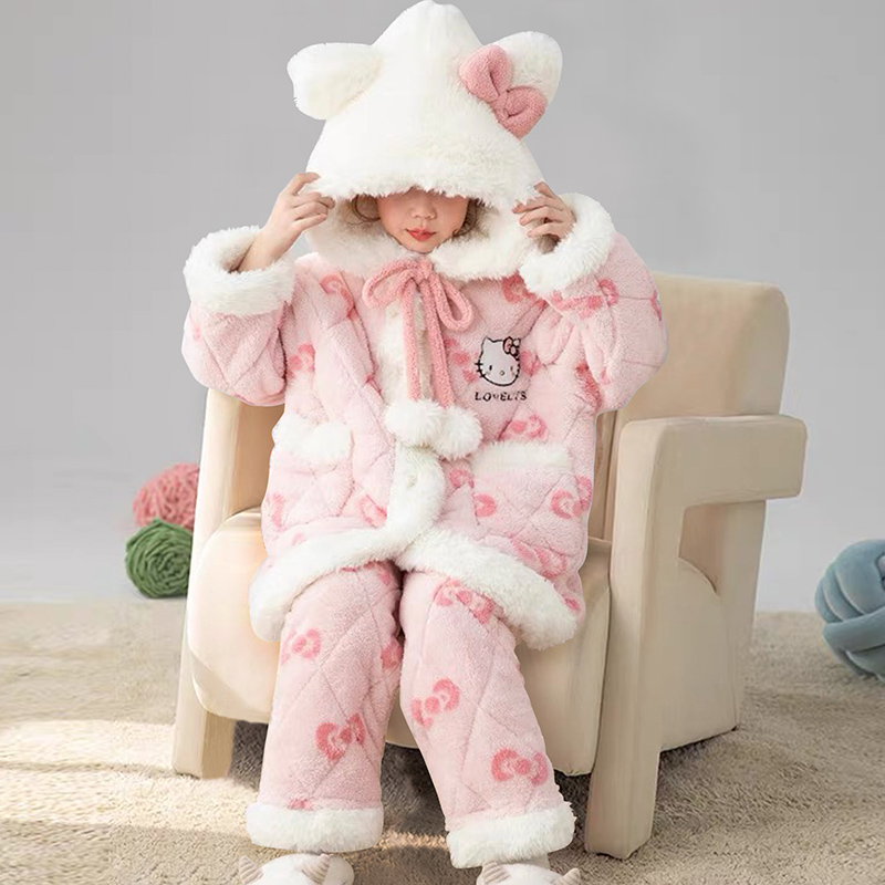 儿童睡衣加绒款冬季HelloKitty女宝宝家居服三层夹棉女孩保暖套装