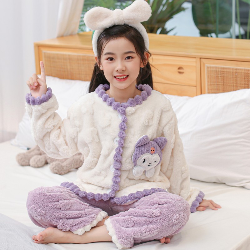 女童女孩珊瑚绒睡衣保暖秋冬装中大童库洛米图案法兰绒家居服套装