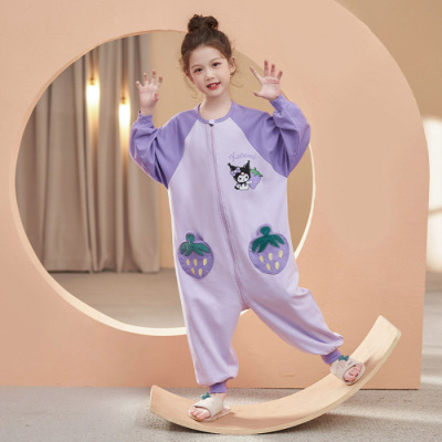 儿童连体睡衣纯棉女童春季库洛米长袖大童睡袋家居服初高中生薄款