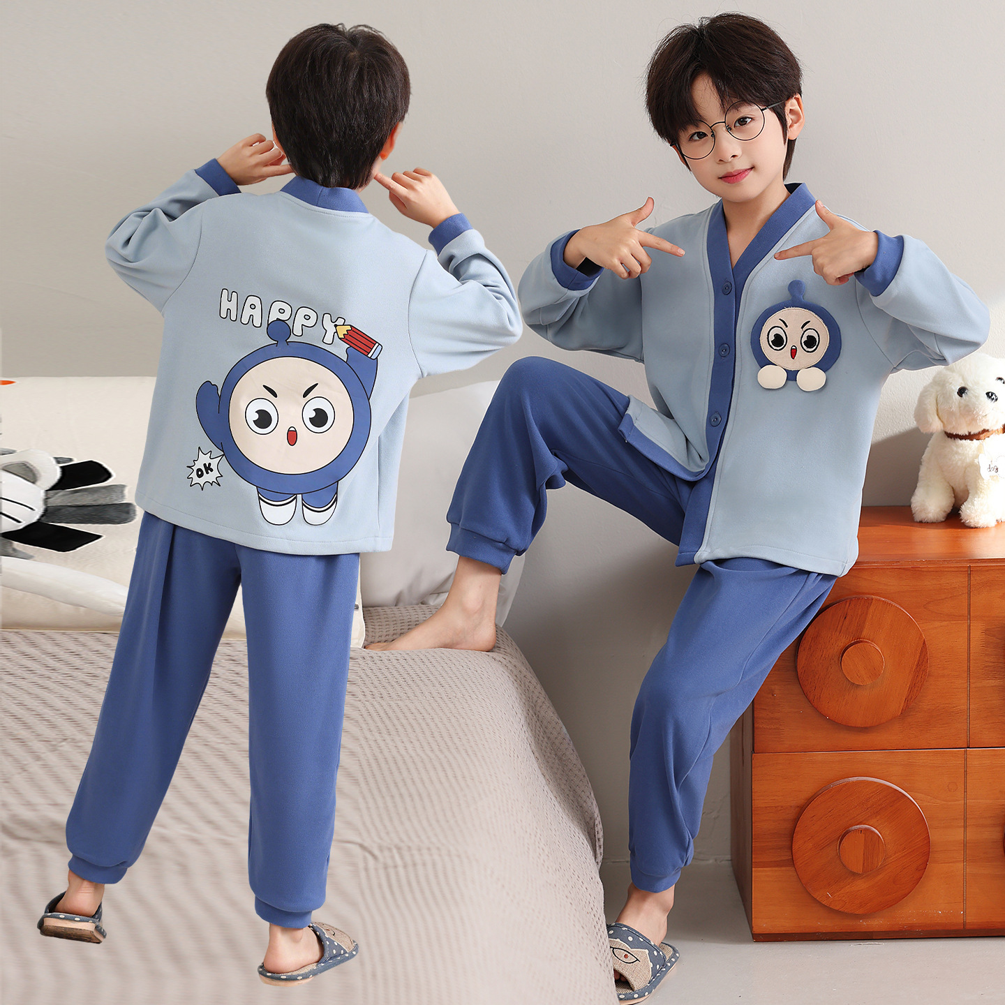 男童德绒睡衣开衫秋冬装中大童蛋仔派对儿童宝宝保暖款家居服套装