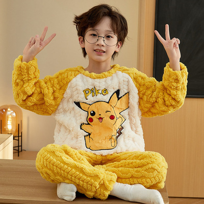 冬季长毛绒加厚加绒款儿童睡衣男童保暖男孩中大童皮卡丘的家居服