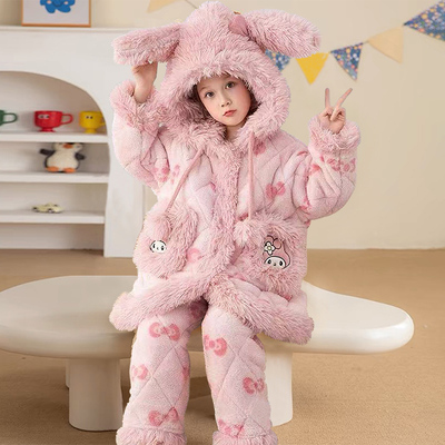 儿童保暖衣冬季加绒加厚女童三层夹棉宝宝冬天女孩美乐蒂连帽睡衣