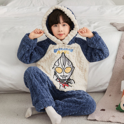 迪迦奥特曼男童睡衣2026冬季新款加绒加厚保暖儿童连帽套头居家服